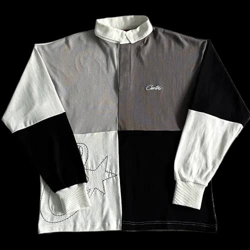 corteiz Long Sleeve Color Block Polo Black Gray — T-Shirts from Weidian