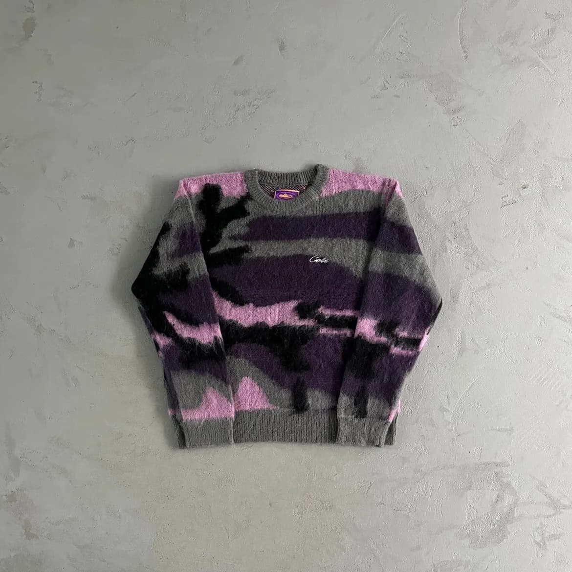 CORTEIZ CREWNECK MOHAIR PURPLE CAMO KNITTED — Hoodies from Weidian