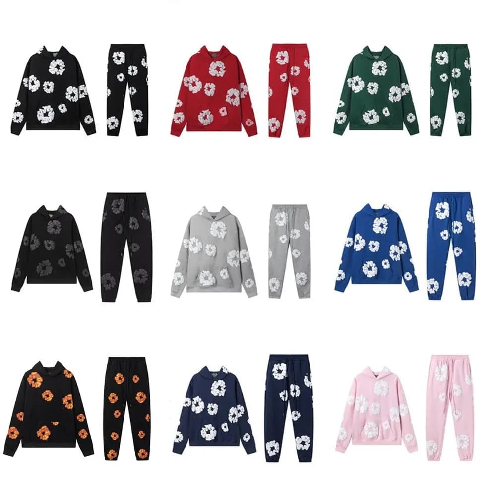 Denim Tears Cotton Blossom Fleece Lined Hooded Sweatshirt and Sweatpants High Street Sportswear Set 2 from Weidian