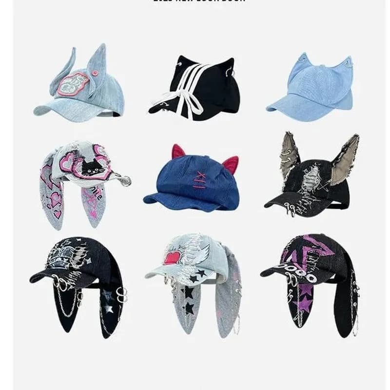 Korean newjeans same style rabbit ears washed hole denim baseball cap female hip hop hot girl street style peaked cap 27 — clothing from Weidian