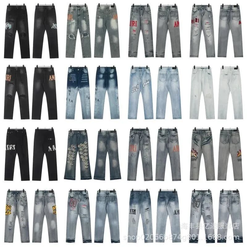 Cross border foreign trade am American high street ripped patch letter embroidery washed slim straight leg jeans trousers 39 — clothing from Weidian