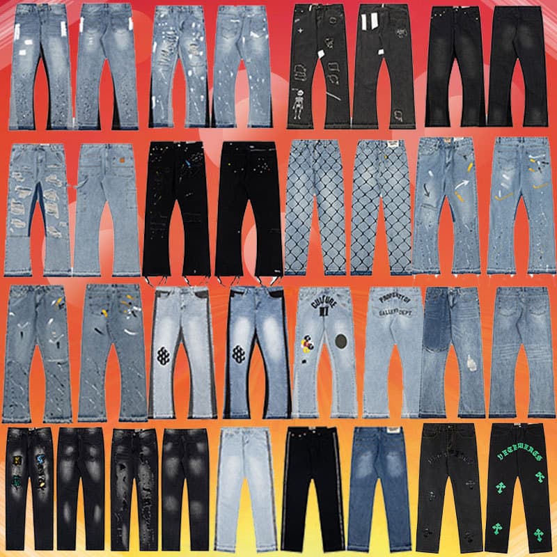 Foreign single GALLERY DEPT ink graffiti micro flared stitching ripped casual loose jeans long pants trendy from 1688