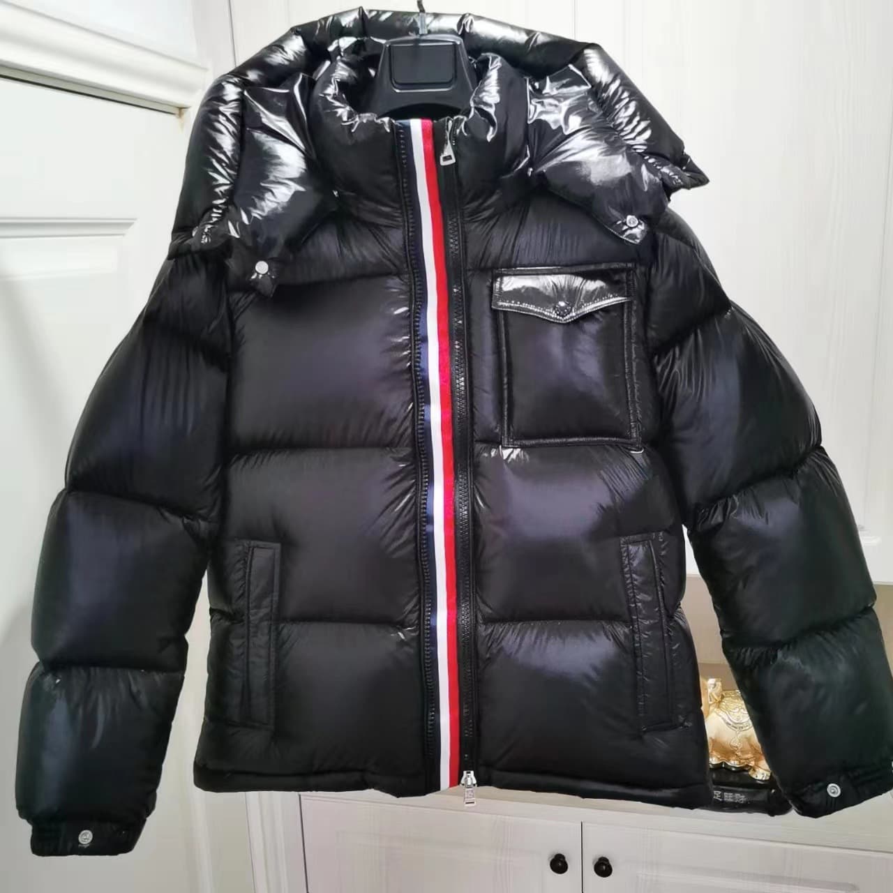 M Mengjia down jacket men's couple style red striped double zipper hooded jacket for men and women from 1688