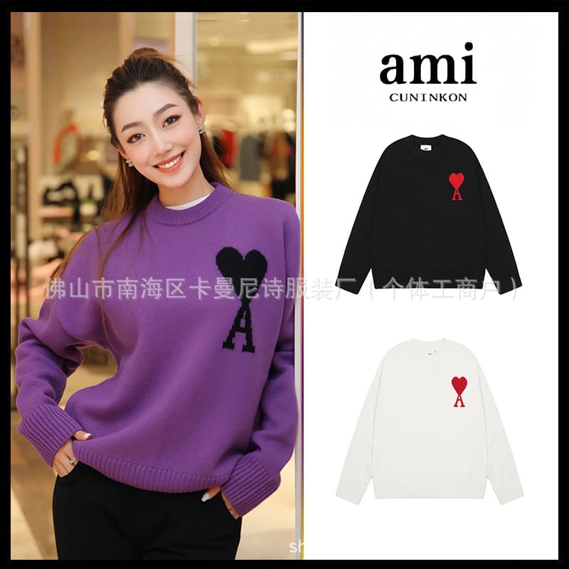 Fashion brand Ami sweater classic round neck big heart jacquard pullover sweater loose lazy feeling casual couple outfit from 1688