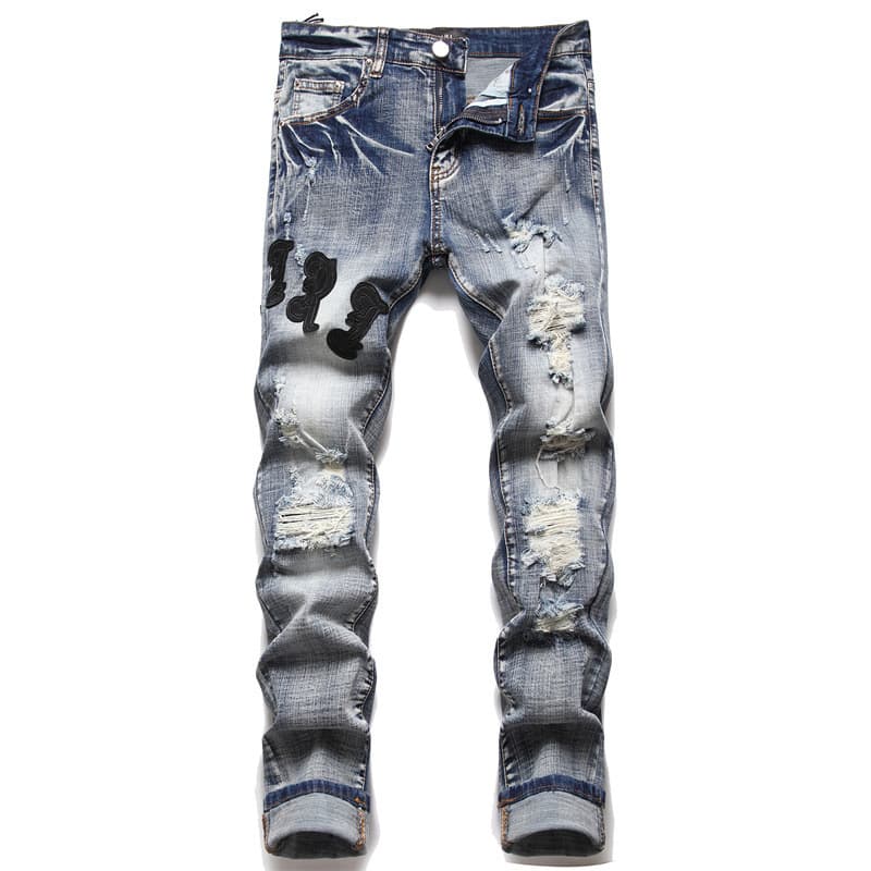 AM foreign trade style punk retro blue hole slim elastic printing dyeing skinny men's jeans — product from 1688, photo 1 of 1