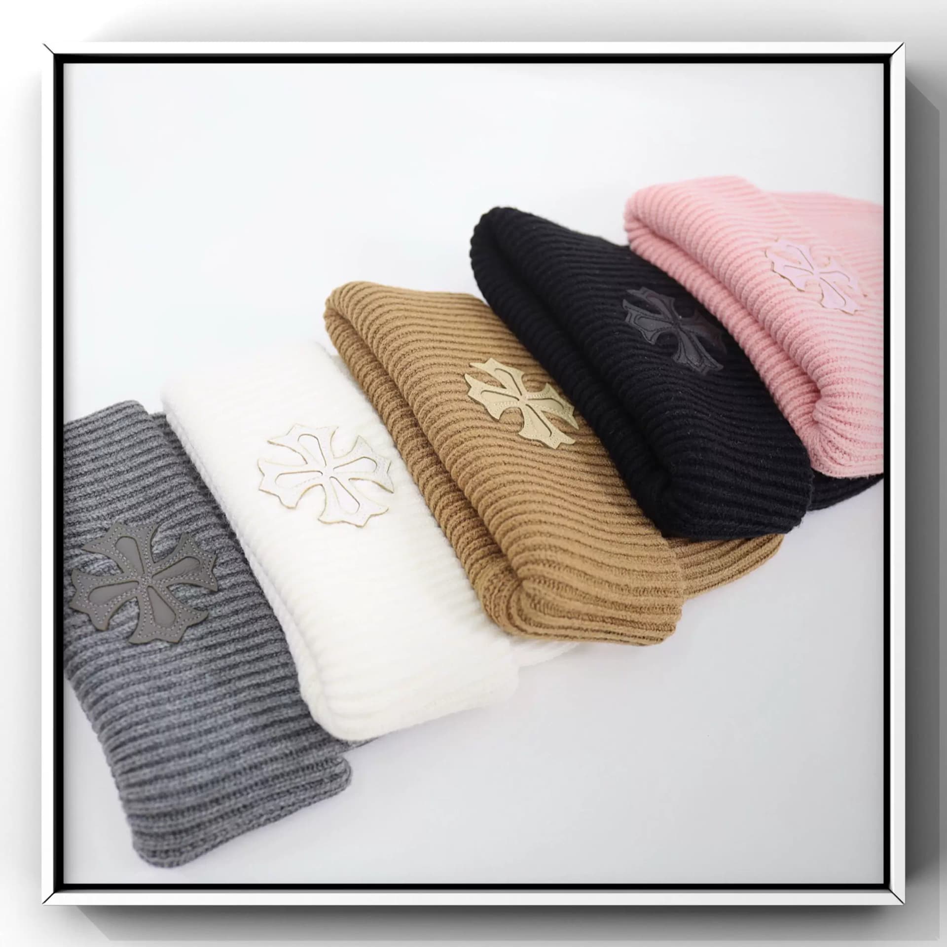 CH leather cross logo hat leather label cross two fold knitted wool hat beanie melon skin hat from Taobao