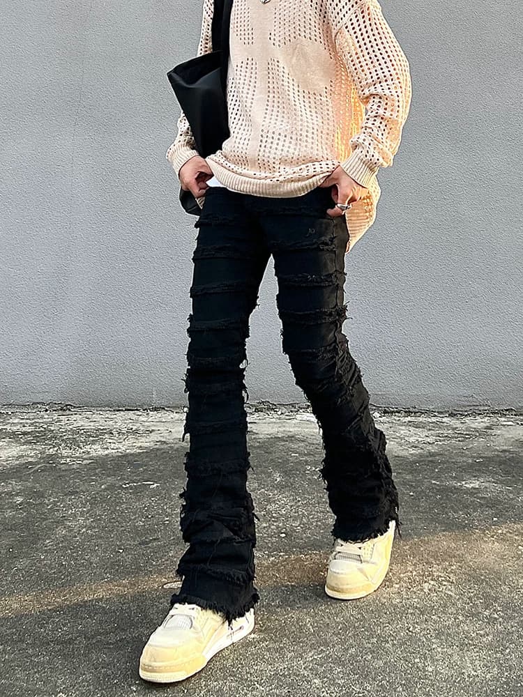 Erosion damaged raw edge vintage jeans men ins trendy brand American high street straight slim flared trousers — product from Taobao, photo 1 of 1