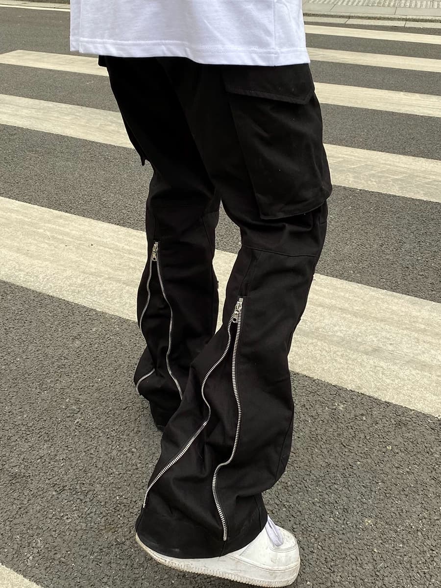 European and American high street vibe style pants black pocket zipper flared pants ins trendy straight overalls men's summer slightly elastic from Taobao