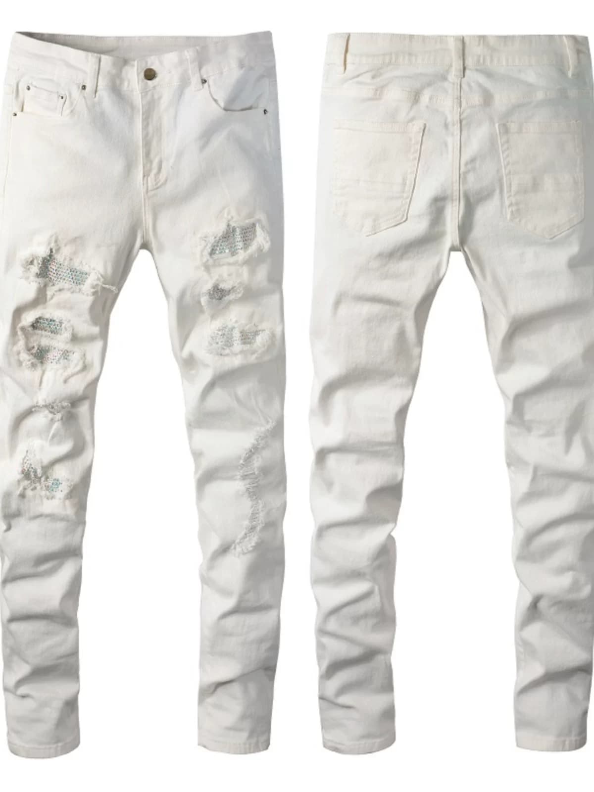 New European and American high street Internet celebrity brand hot diamond patch hole elastic slim fit white skinny jeans for men — product from Taobao, photo 1 of 1