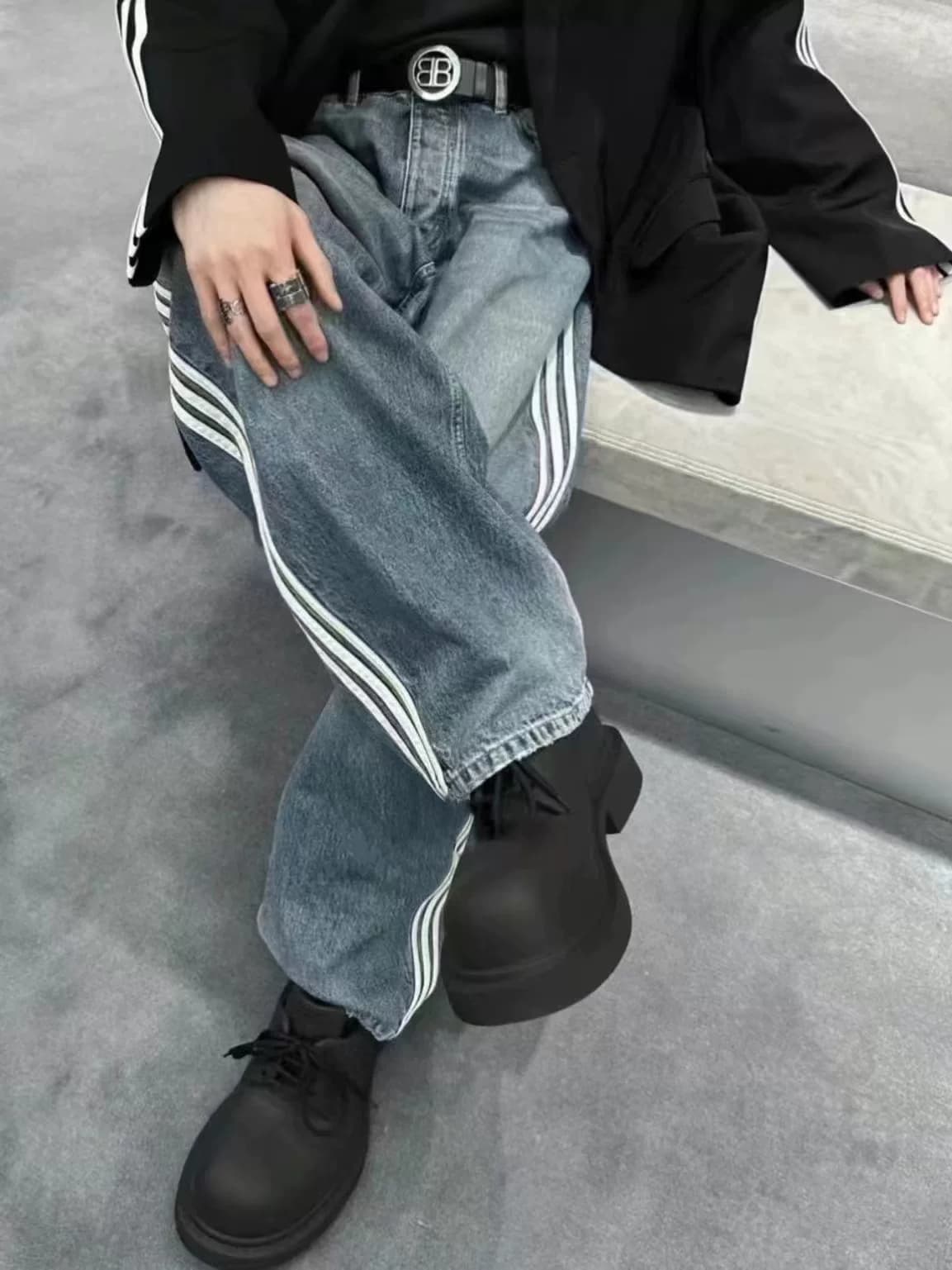 BLCG 23ss new joint AD large baggy three bar washed show straight leg jeans — product from Taobao, photo 1 of 1