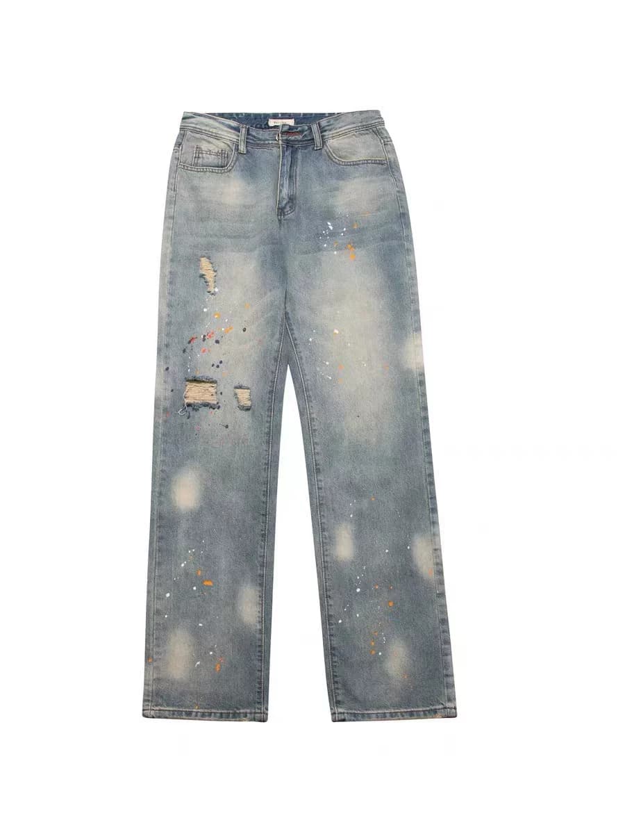 American street vibe style splash ink washed distressed high street ripped jeans ins men and women loose straight trousers — product from Taobao, photo 1 of 1