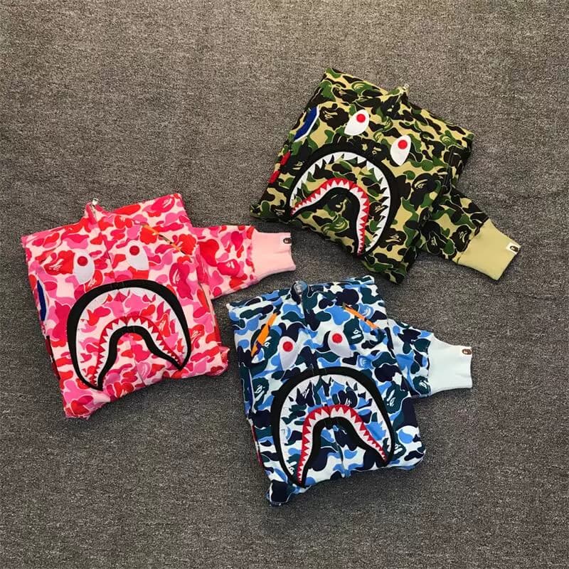 Classic Ape Man Harajuku Shark Head Camouflage Zipper Sweater Loose Cotton Hooded Unisex Couple Cardigan Jacket from Taobao