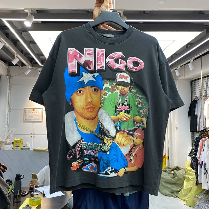 European and American hip hop rap character printing loose oversize washed old retro short sleeved men and women couple T shirt from Taobao