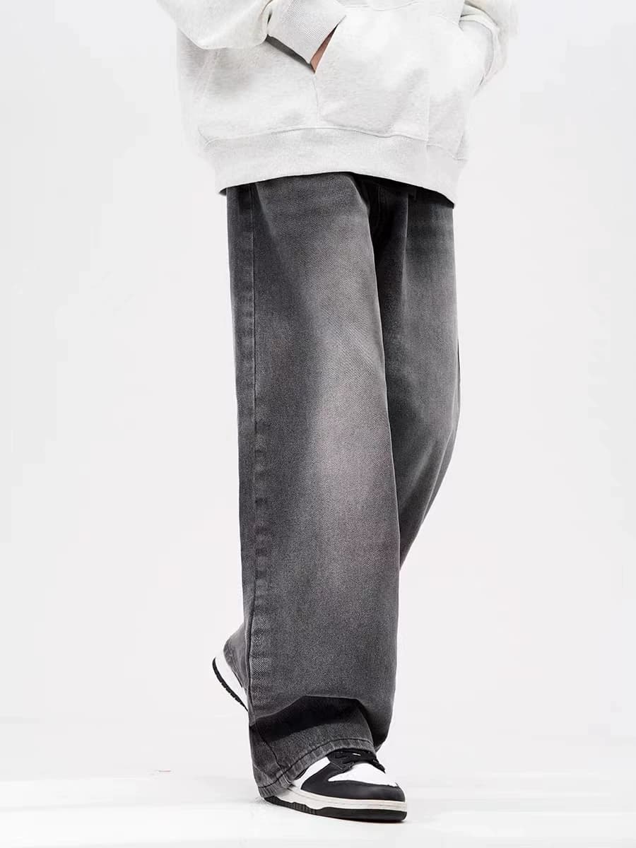 American high street retro smoky gray elastic waist jeans for men and women, loose straight wide leg drape pants from Taobao