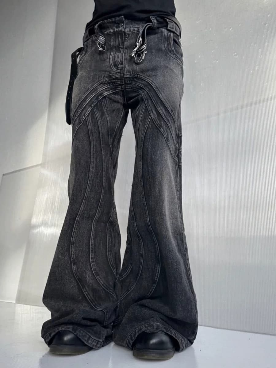 No/faith 23S heavyweight wavy rippled distressed washed black and grey flared denim loose pants from Taobao