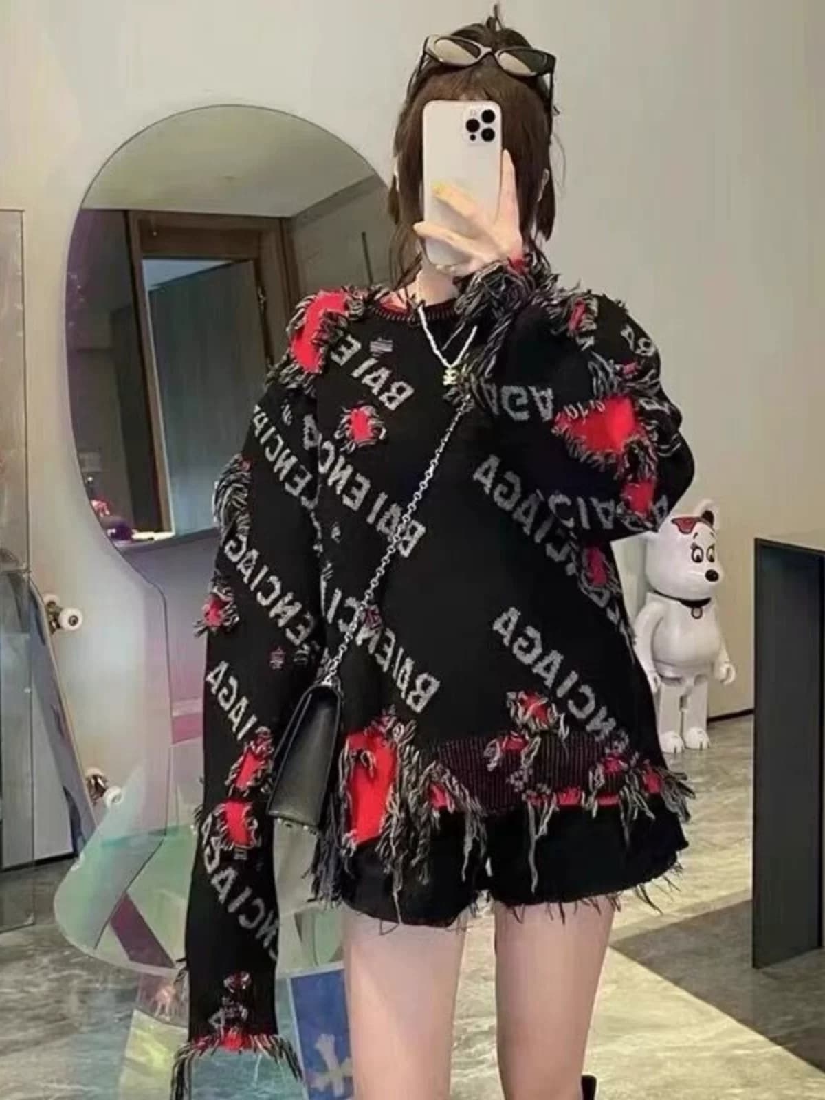 Crazy Xiao Yangge same style old hole knitted trendy retro sweater lazy style pullover unisex sweater from Taobao
