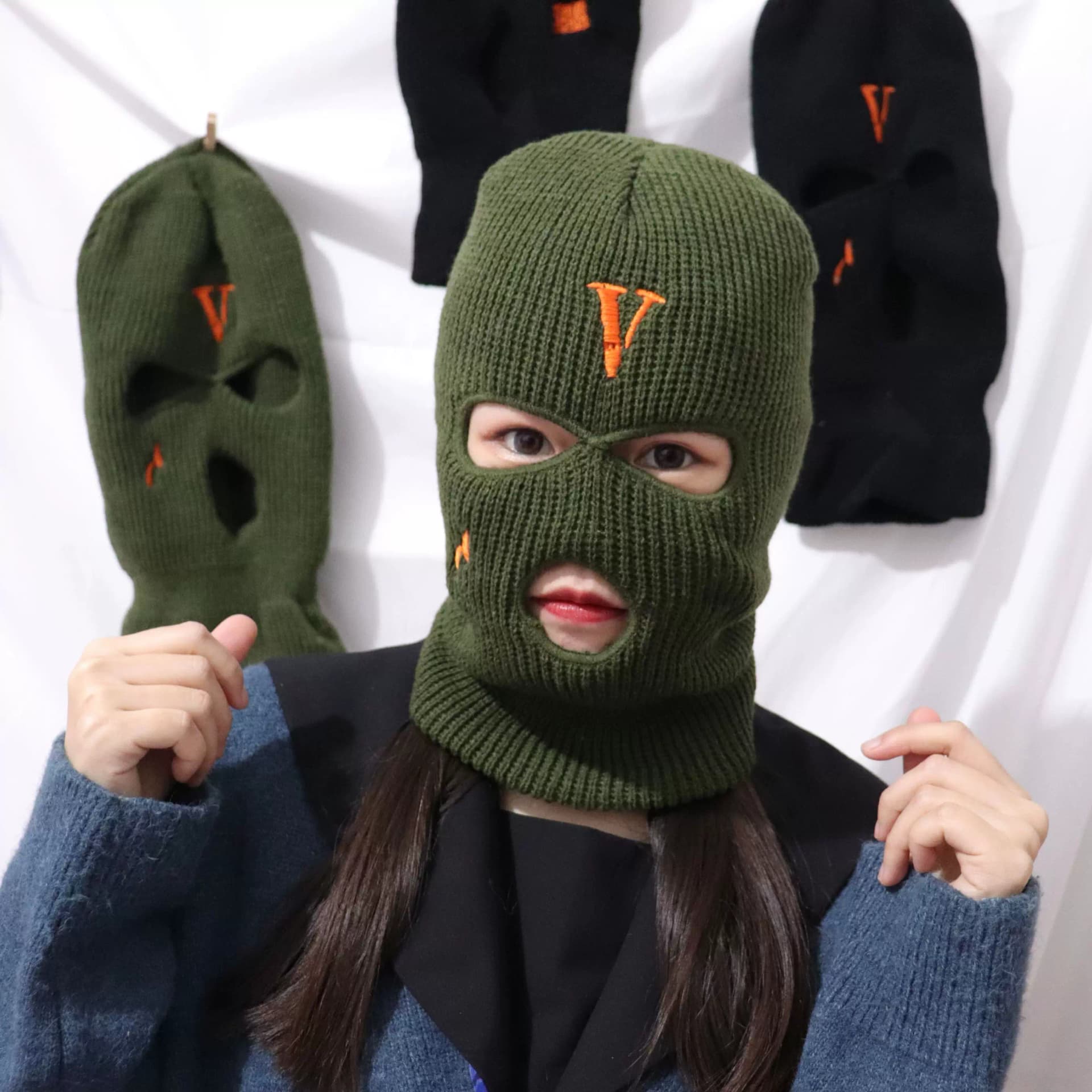 Hip hop V personality embroidered teardrop three hole hat winter warm knitted head hat men and women outdoor cycling cold proof mask from Taobao