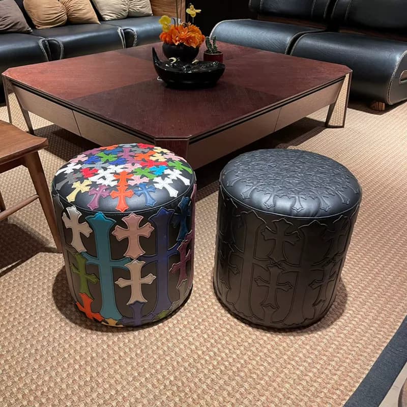 Limited edition handmade heavy duty lychee leather cross collage round sofa coffee table stool pier shoe bench — product from Taobao, photo 1 of 1