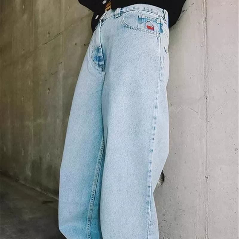 Trendy hip hop skateboard jeans Wang Yibo same loose daddy pants wide leg jeans straight mid waist street — product from Taobao, photo 1 of 1