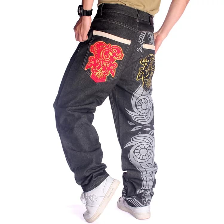 European and American trendy brand hip hop HIPHOP street dance denim trousers trendy men's graffiti embroidery loose casual skateboard pants from Taobao