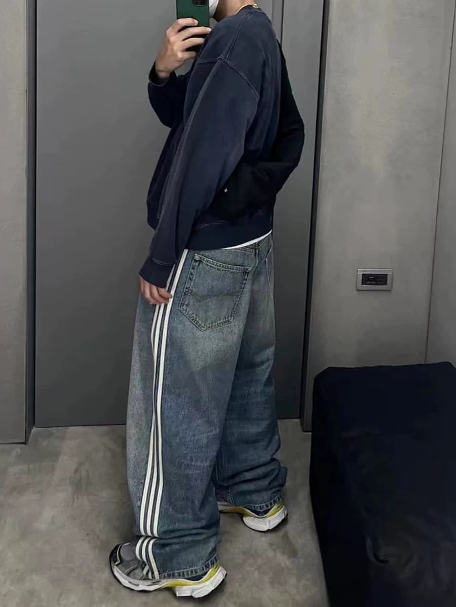 American style 23ss washed striped wide leg jeans men's three bars high street fashion brand loose straight all matching wide leg pants — product from Taobao, photo 1 of 1