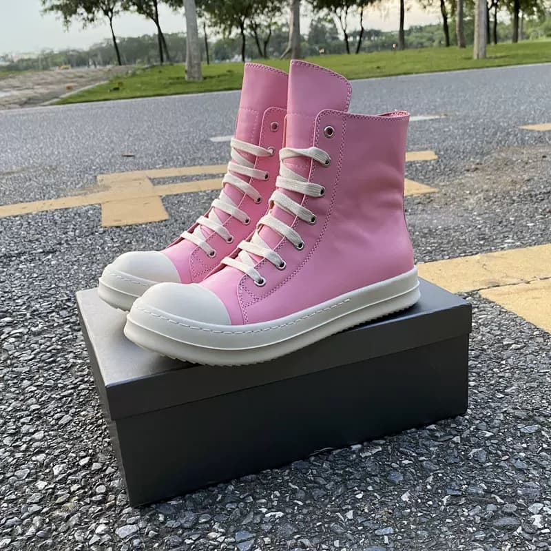RO FABLED pink high top shoes genuine leather men's shoes lace up thick sole side zipper European and American trendy shoes women's short boots from Taobao