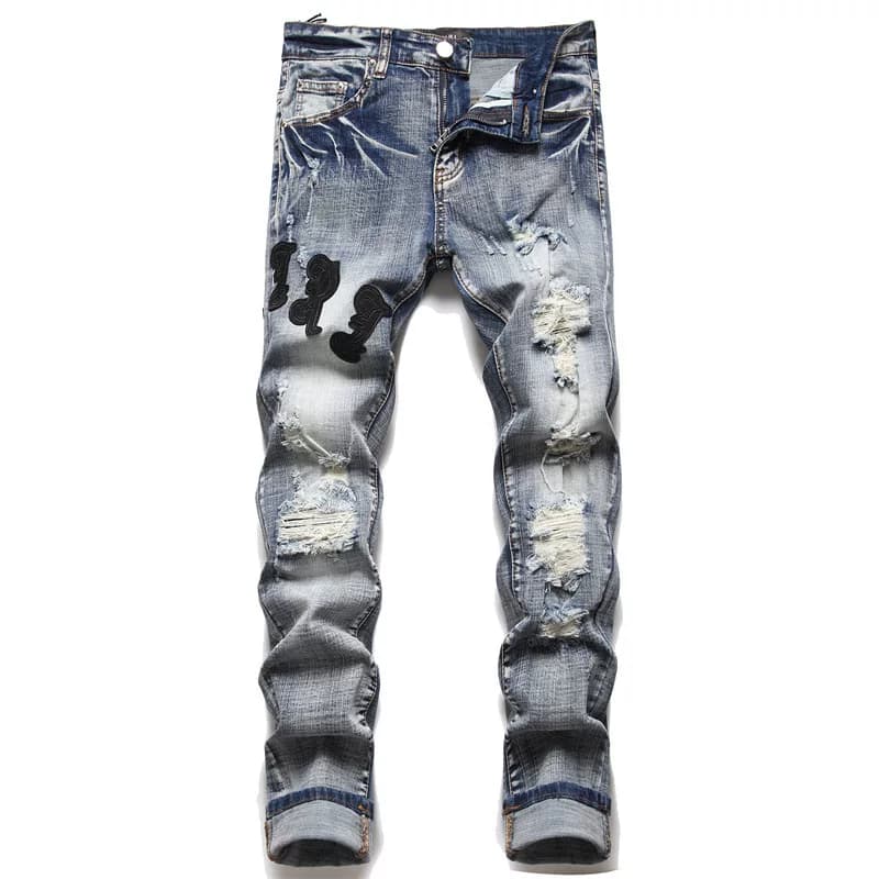 AM foreign trade men's jeans with holes embroidered five pointed star trend elastic slim fit pants high end casual men's pants from Taobao