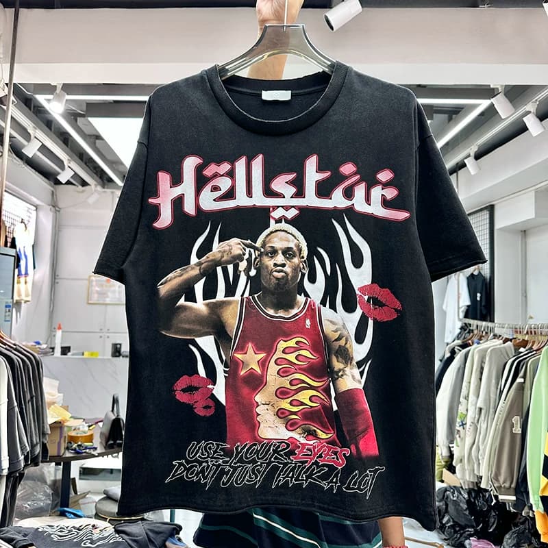 Heavy American Rodman print trendy T shirt for summer men and women loose hip hop retro distressed double collar short sleeves — product from Taobao, photo 1 of 1
