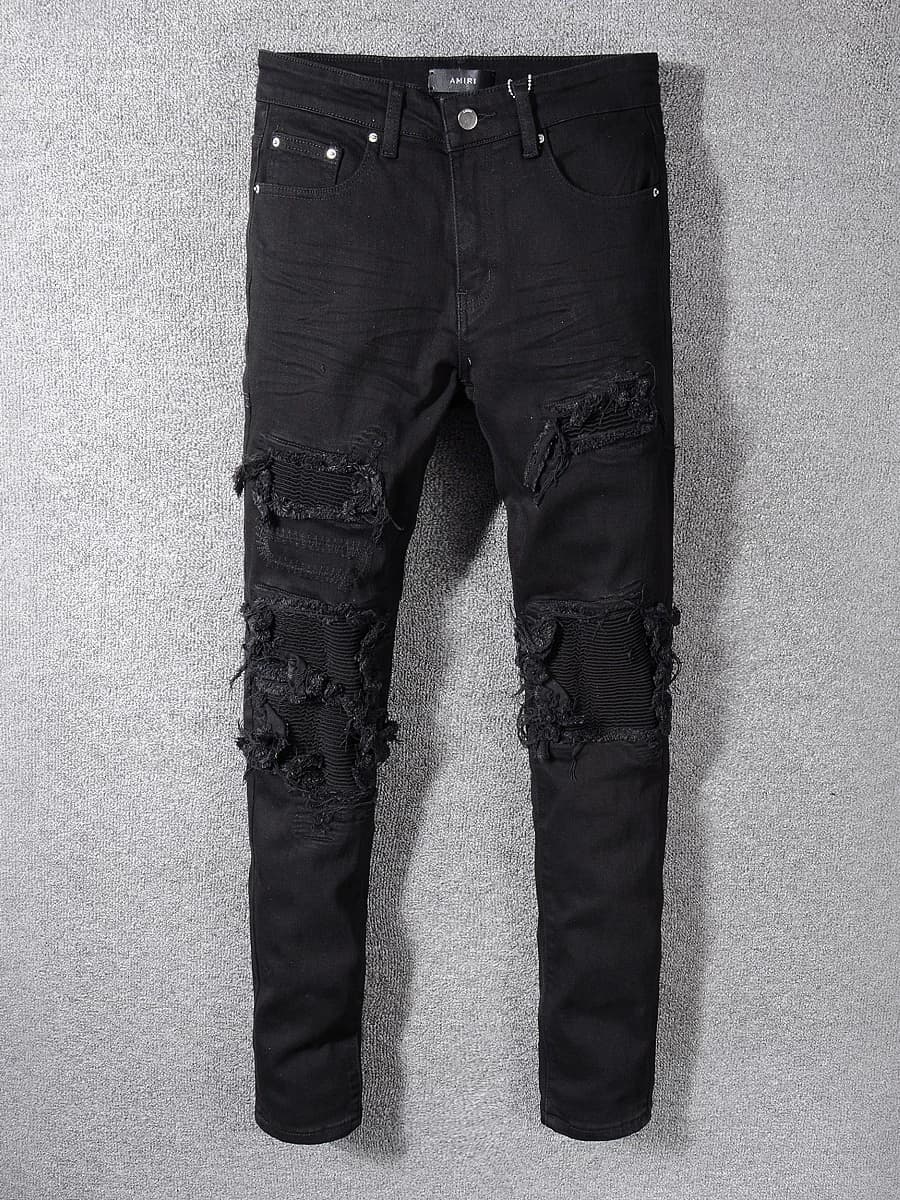 High street fashion brand AMR black jeans men's scratched holes patch beggar pants elastic slim fit skinny pants — product from Taobao, photo 1 of 1