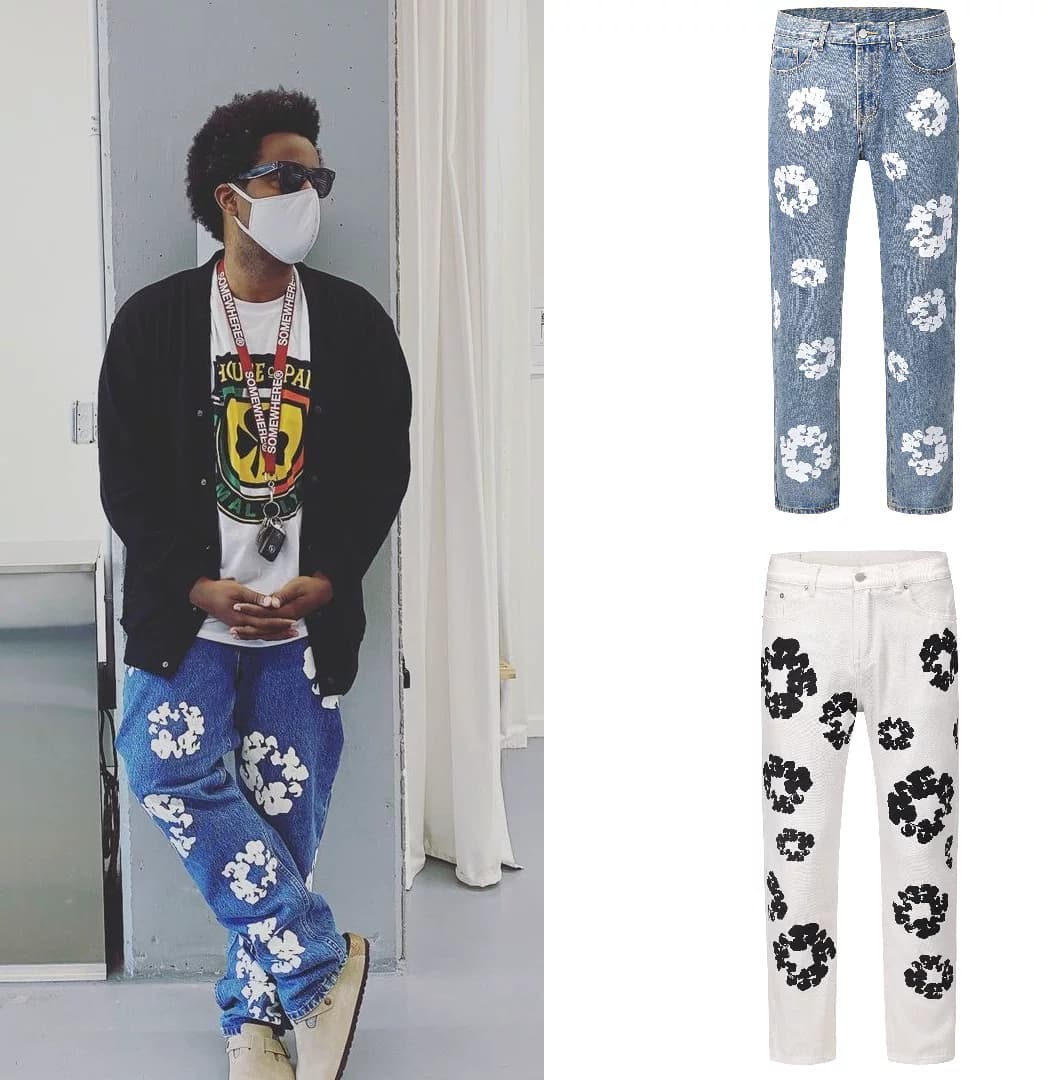 INS2024 European and American high street KANYE Kanye Kapok print straight loose jeans trendy washed trousers from Taobao