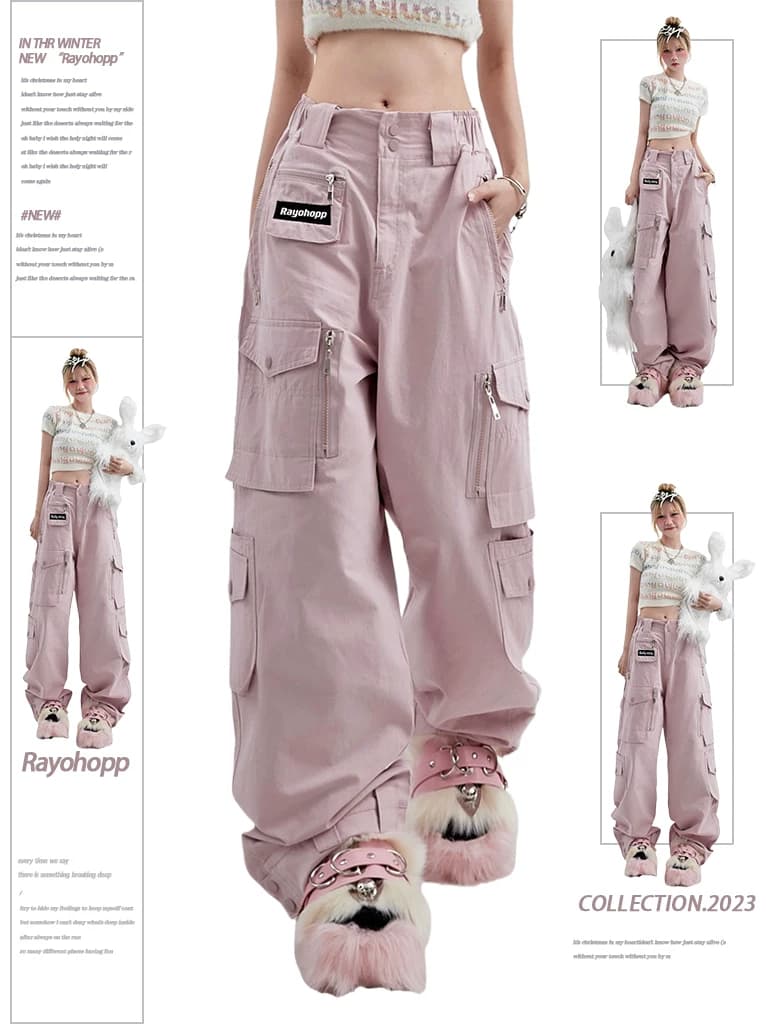 Rayohopp pink overalls women's summer dopamine wear dance trendy brand pocket decoration straight casual pants — product from Taobao, photo 1 of 1