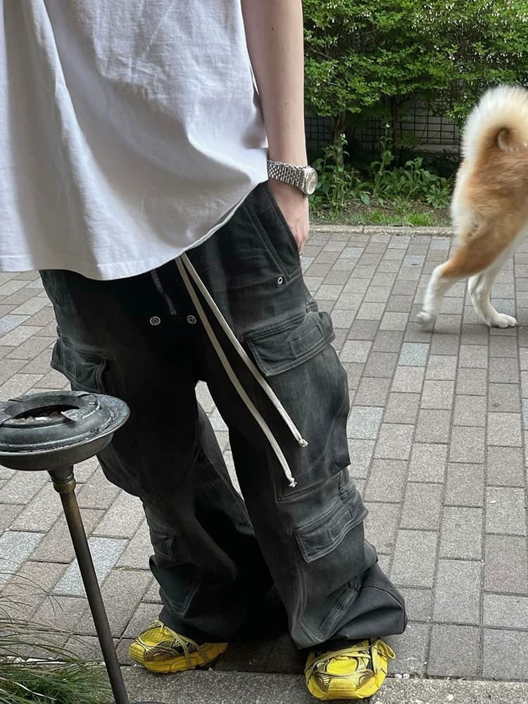 Ro acbt washed smoke gray gradient multi pocket workwear straight casual drawstring wide leg flared jeans men — product from Taobao, photo 1 of 1